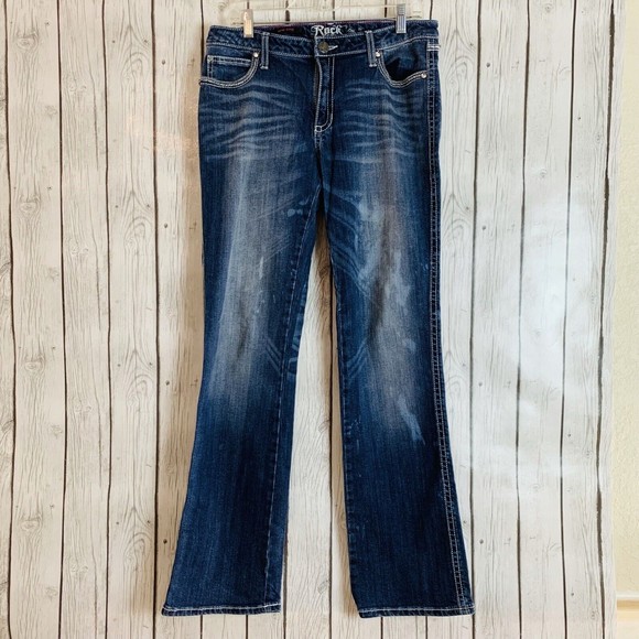 Womens ROCK 47 Wrangler Low Rise Embroidered Medium Wash Blue Jeans Size 11/12 - Picture 1 of 13